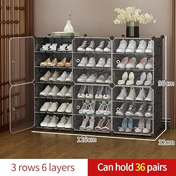 Shoe Rack for Home | ?? ????? Shoe Rack with Door ??????? for Home Storage Plastic Box Organizer, Metal Door Frame, Chappal Slipper Sandals Stand (Black, 18-Shelf-6-Door)