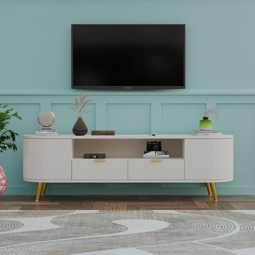 TV Unit for Living Room | Free Standing Modern White TV Stand 60 x 16 x 22 Inches | TV Cabinet & Console for 55–60 Inch TV with 2 Drawers & 5 Shelves | HDMR Wood & Iron Legs