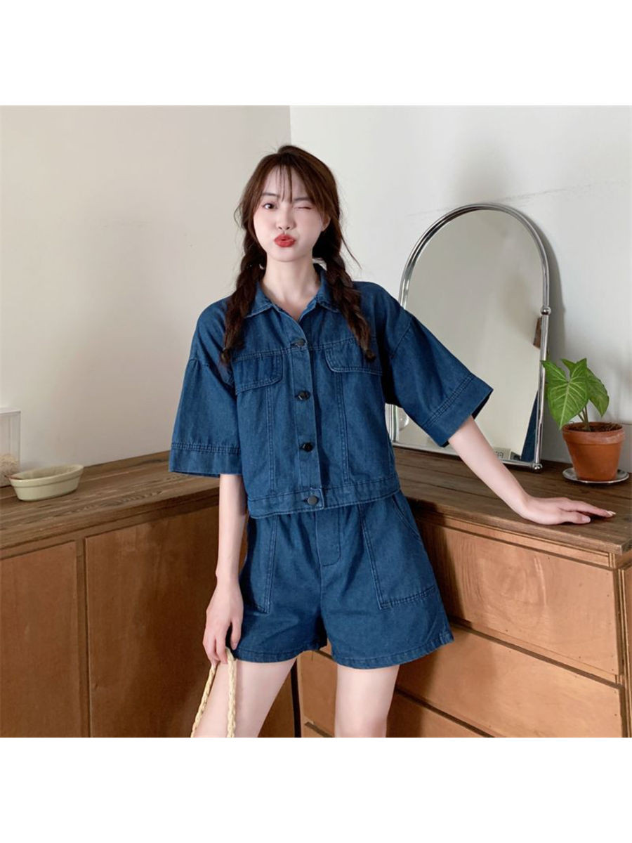 Women Blue Solid Shirt with Shorts (Set of 2)