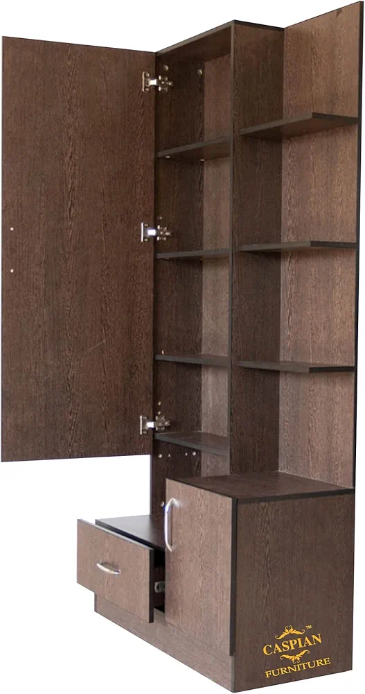 Single Door Wooden Vanity Dressing Table (Brown) | Pre-Assembled Furniture with Mirror | Makeup & Accessories Storage Organizer with 4 Shelves, 1 Cabinet & 1 Drawer