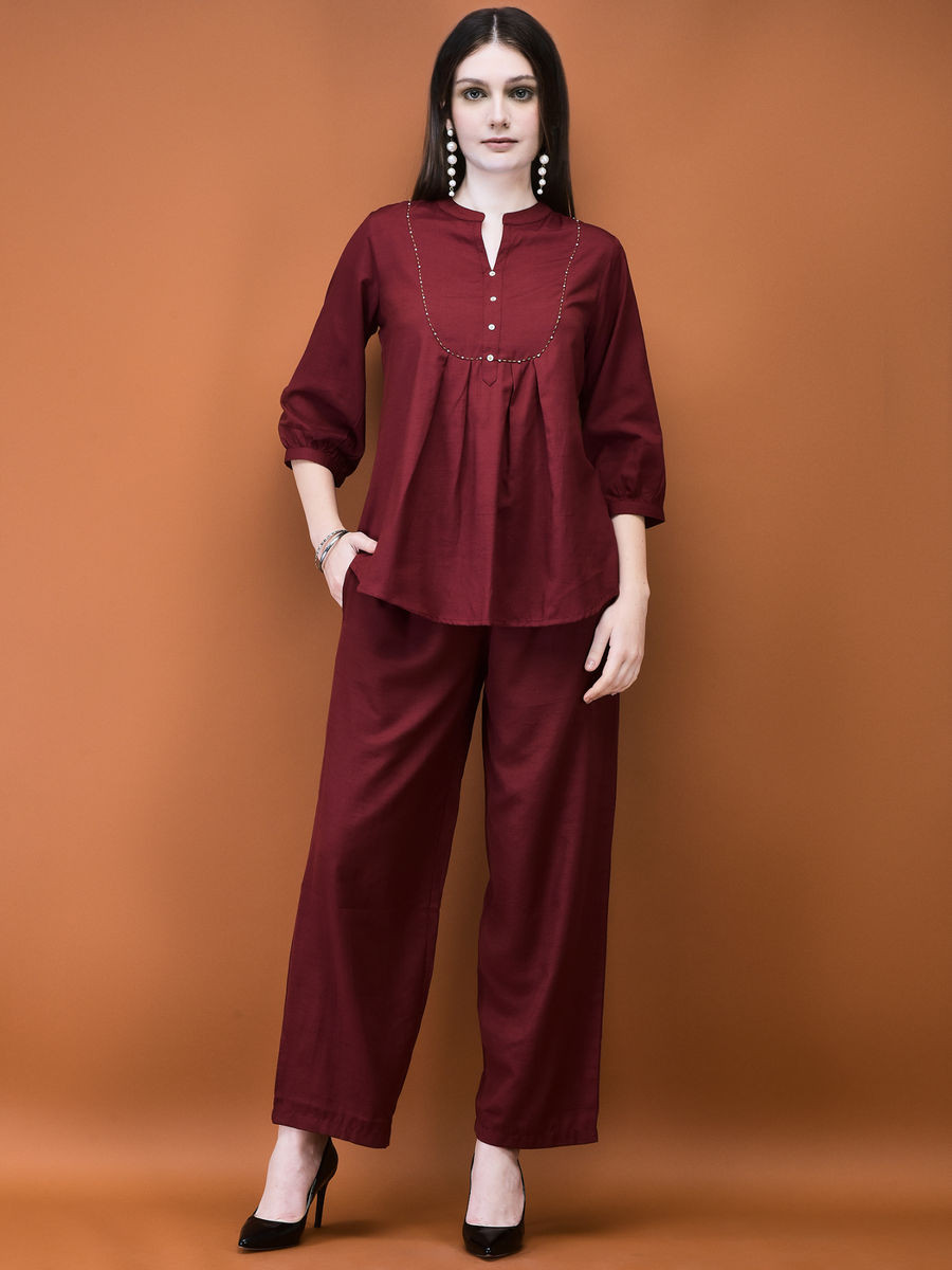 Women Poly Viscose Coral Solid Co-Ord (Set of 2)