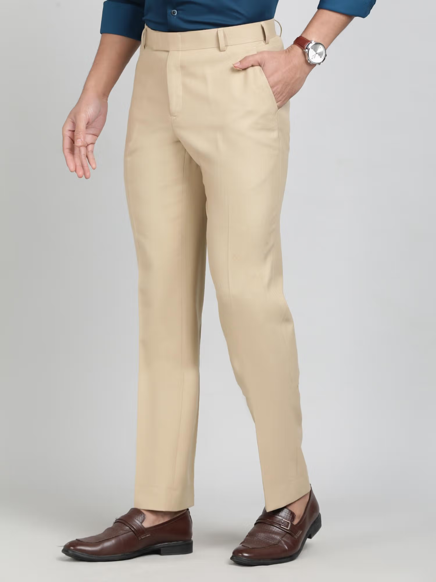 Khaki Poly Viscose Solid Formal Trouser