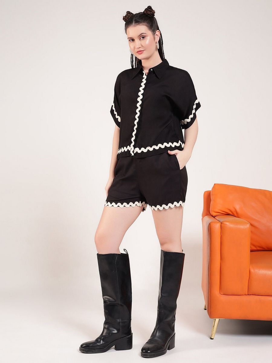 Women Black Rayon Solid Shirt with Shorts
