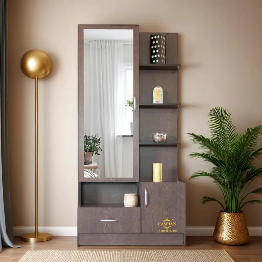 Single Door Wooden Vanity Dressing Table (Brown) | Pre-Assembled Furniture with Mirror | Makeup & Accessories Storage Organizer with 4 Shelves, 1 Cabinet & 1 Drawer