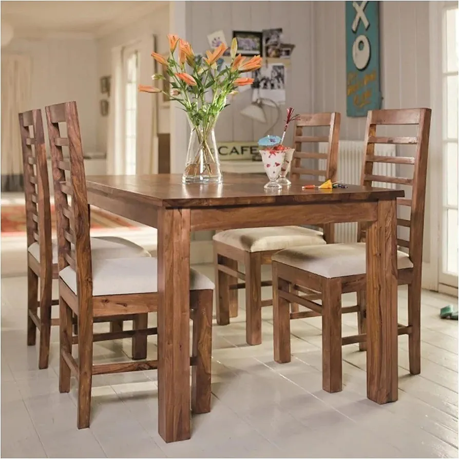 Sheesham Wood Dining Table 4 Seater | Wooden Dinning Table with Four Chairs for Cafeteria & Restaurants | Dinner Table Length: 45 in & Chair Height: 38 in | Natural Finish