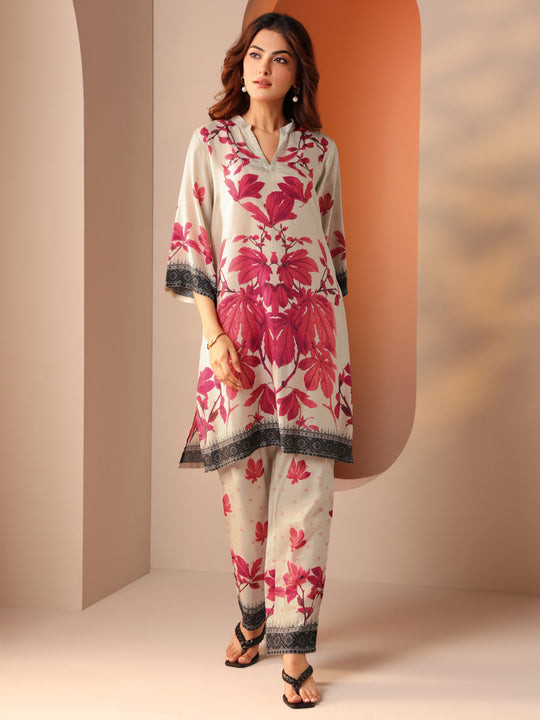Off White Printed Cotton Blend Co-Ord Sets