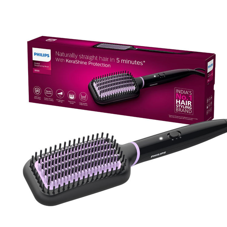 Philips India's No.1 Hair Styling Brand -Hair Straightener Brush, Naturally Straight in 5 Mins,5X Less Frizz,SilkProtect Keratin Tech,Triple Bristle Fast 50s Heatup,Scalp Protect,For Indian Hair,BHH88