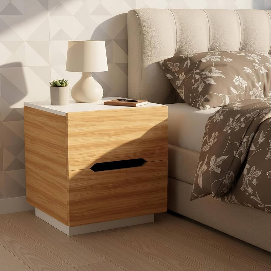 Table with 2 Drawers | Wooden Nightstand for Bedroom with Smooth Sliding Drawers & Open Storage Shelf | Space-Saving Side Table for Living Room |