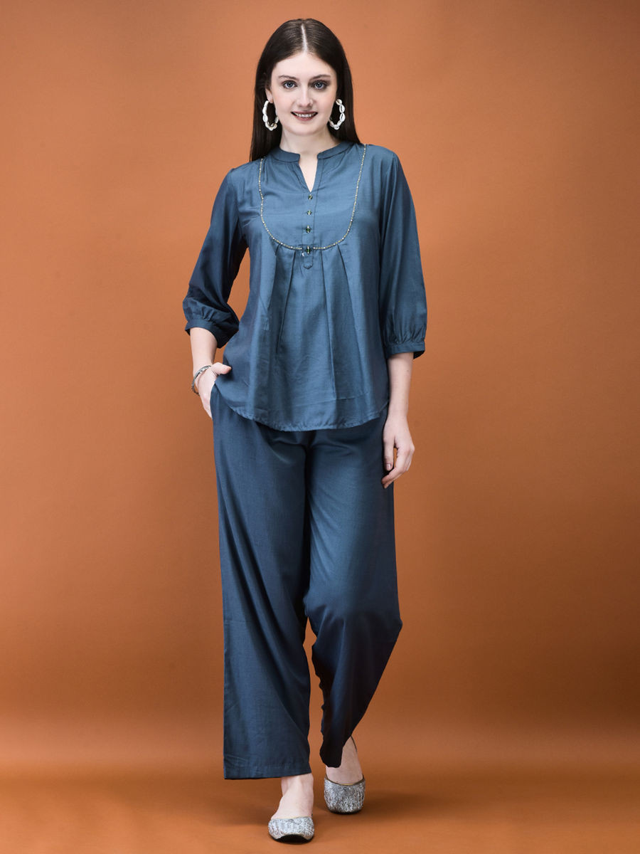 Women Poly Viscose Blue Solid Co-Ord (Set of 2)