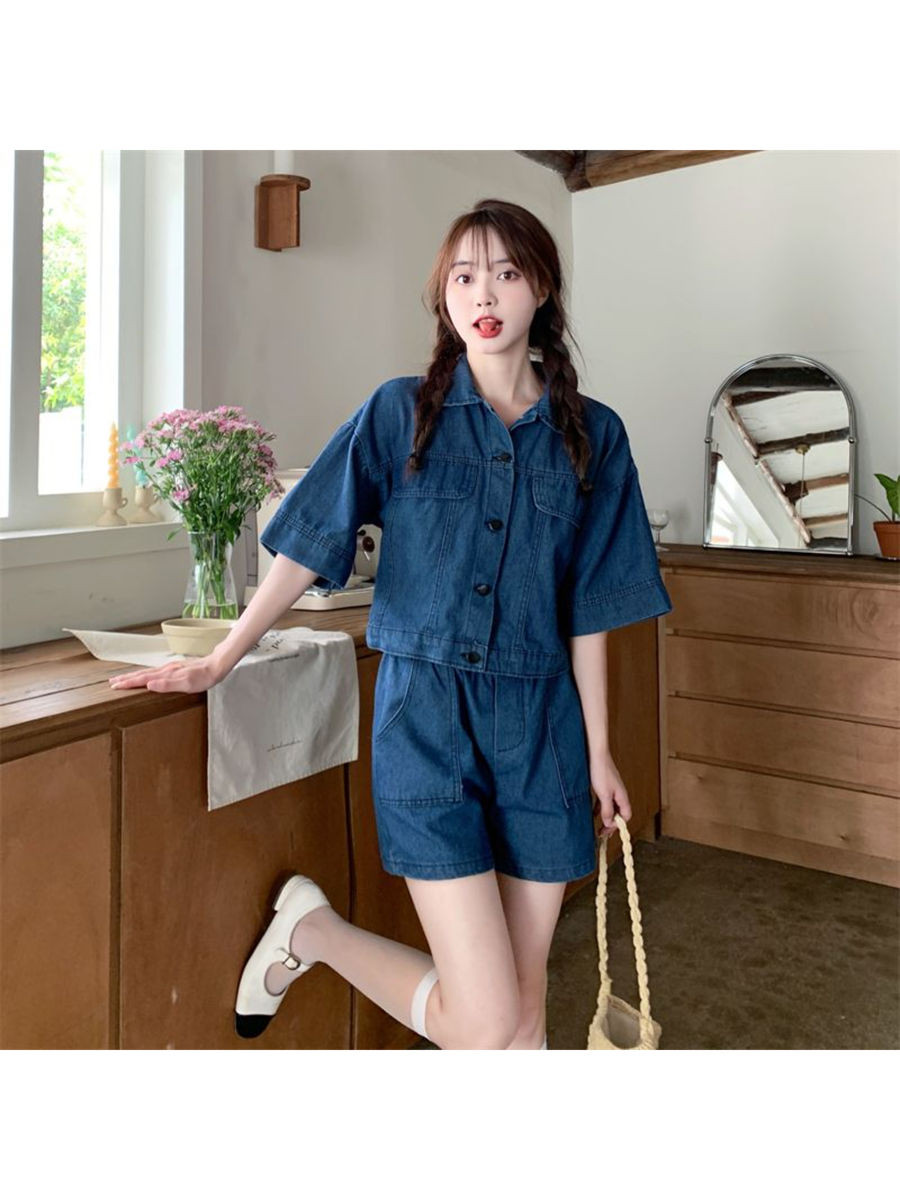 Women Blue Solid Shirt with Shorts (Set of 2)