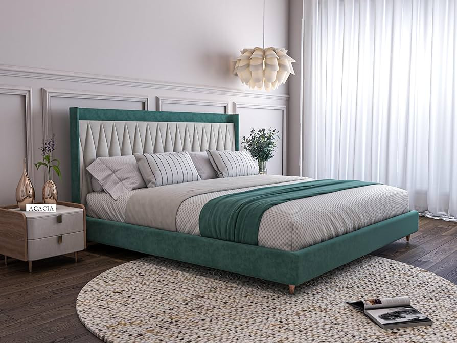 King Size Bed for Bedroom | Wooden Double Bed | Platform Cot Bed with Upholstery Premium Fabric | 6.5 x 6 Ft | Sheesham Solid Wood (Rosewood, Greendust)