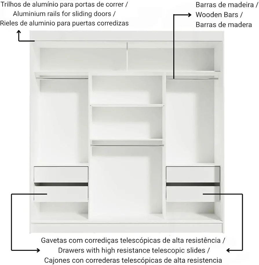 3 Sliding Doors Wardrobe Ample Storage Wooden Almirah 180 Cm with Shelves, Drawers and Hanging Units for Bedroom - White