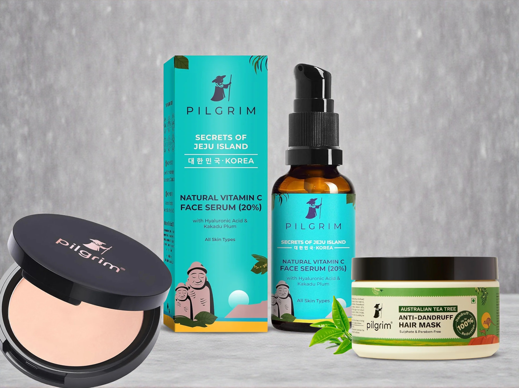 Pilgrim Combo Vitamin C Serum, Anti Dandruff Hair Mask, Compact Powder