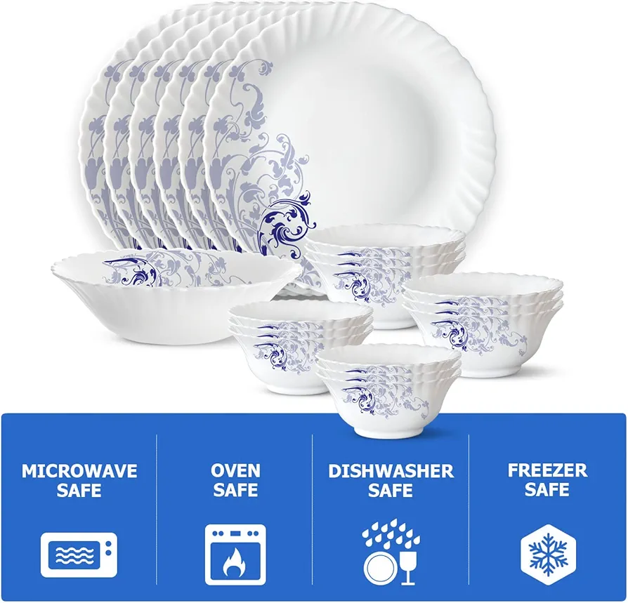 Larah by Borosil Silk Series Opalware Dinner Set | 19 Pieces for Family of 6 | Microwave & Dishwasher Safe | Bone-Ash Free | Crockery Set for Dining & Gifting | Plates & Bowls (Blue Eve)
