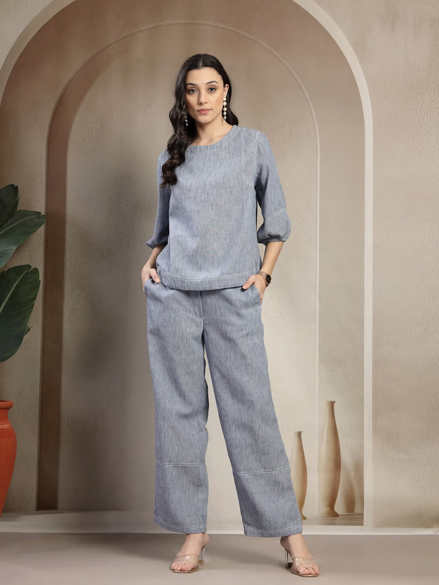 Women Indigo Polyester Round Neck Solid Co-Ord Set