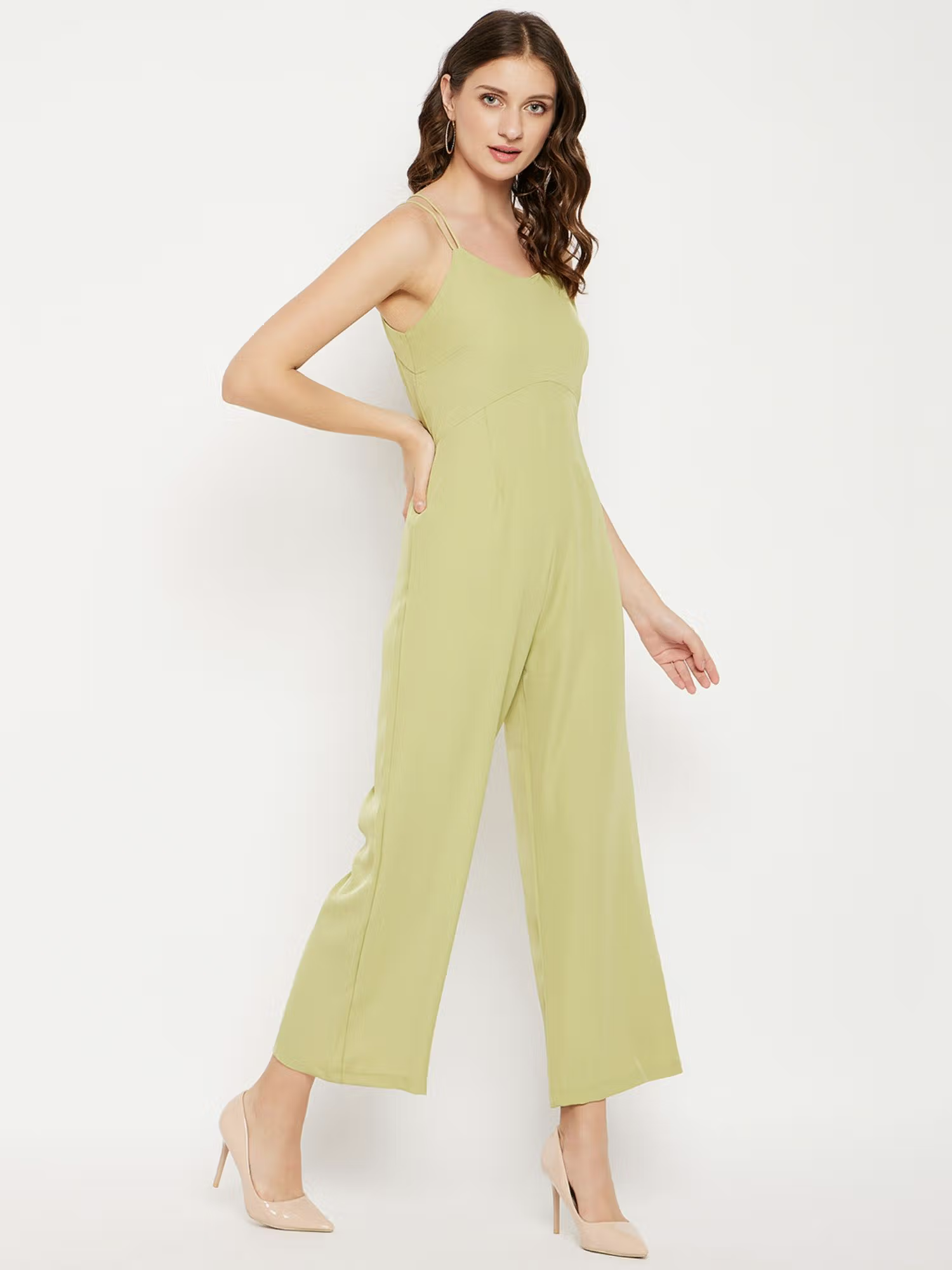 Green Solid Shoulder Strap Jumpsuits