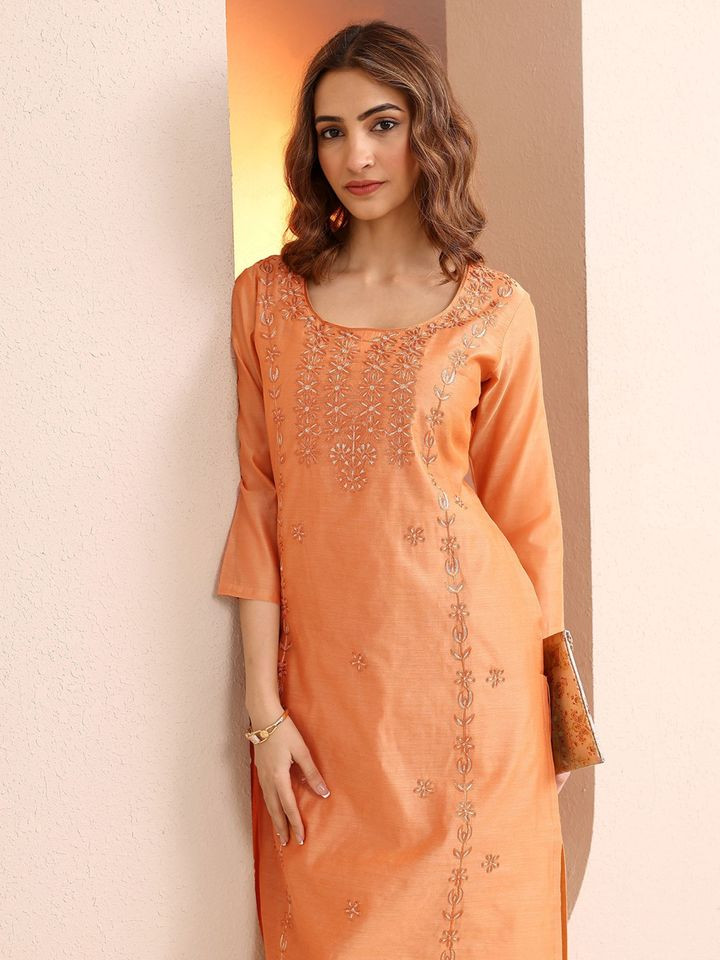 Libas Peach Embroidered Chanderi Silk Straight Kurta for Women