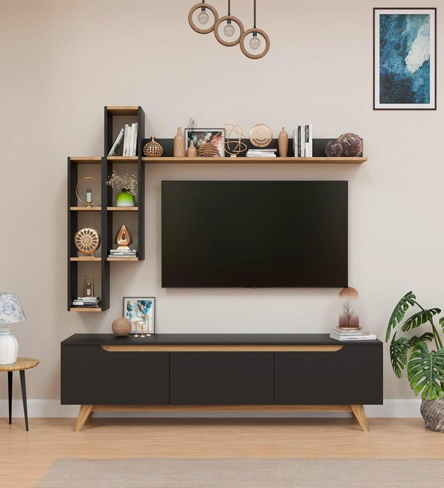 TV Entertainment Unit, Tv Stand with Wall Shelf Book Storage | Decore Living Room Engineered Wood TV Entertainment Books Storage & Decor Display Unit Color Black