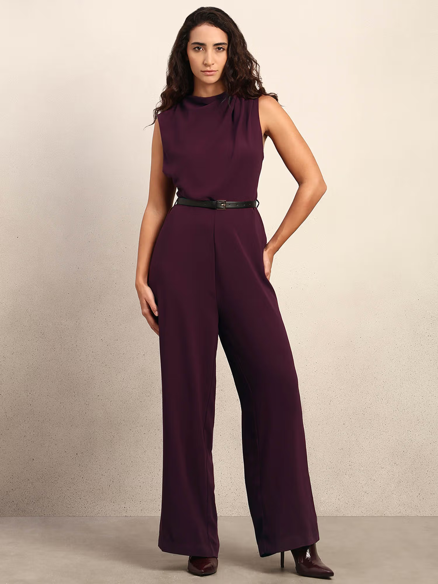 Purple High Neck Sleeveless Jumpsuit with Belt