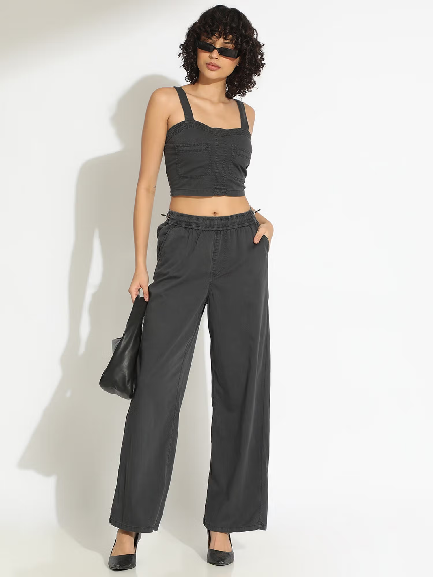Women Grey Square Neck Solid Top with Pant
