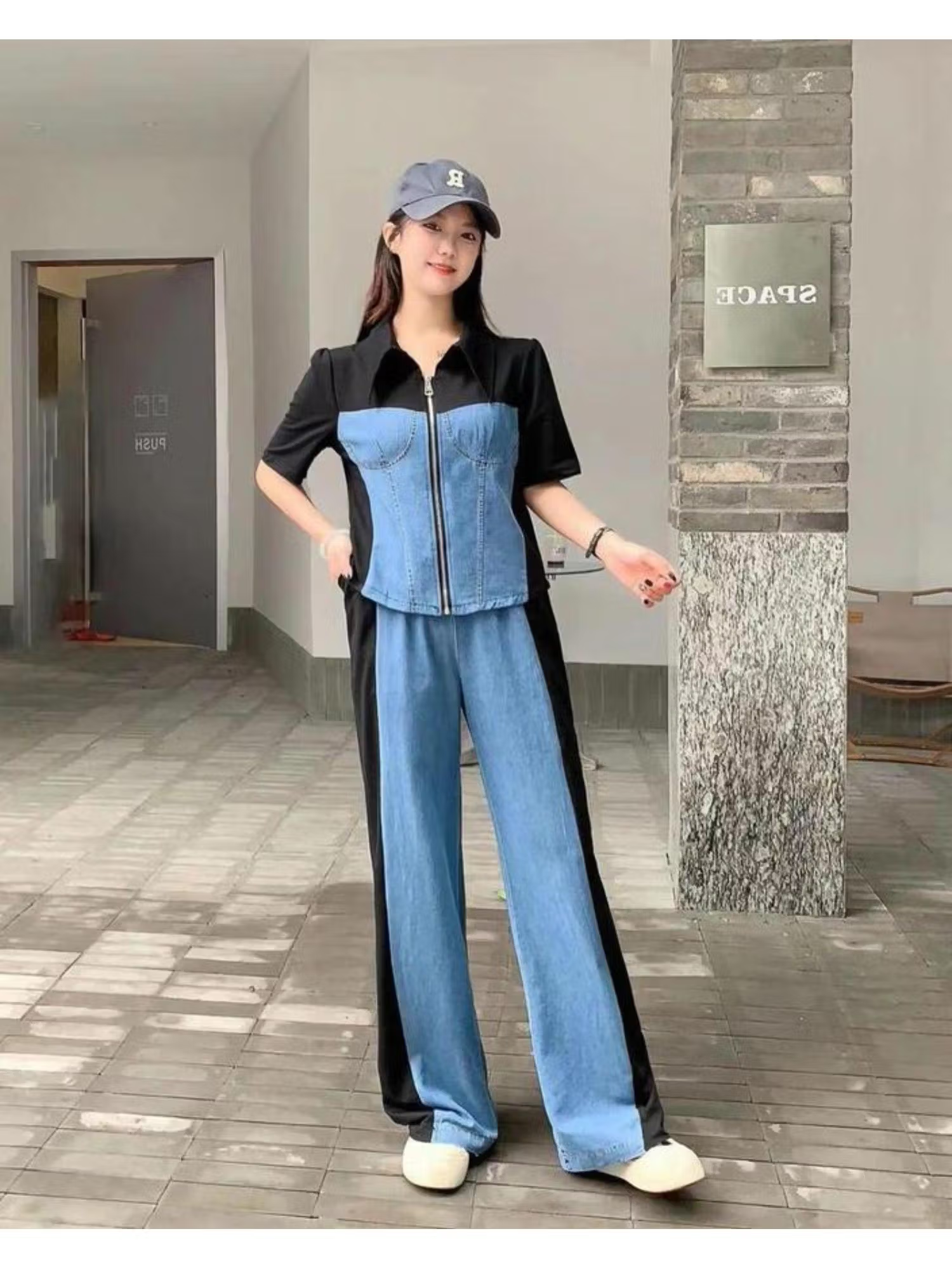 Women Black Denim Colorblock Co-Ord Set