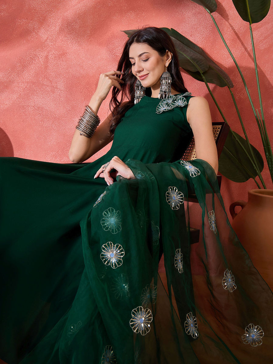 Green Rayon Flared Kurta with Palazzo and Dupatta (Set of 3)