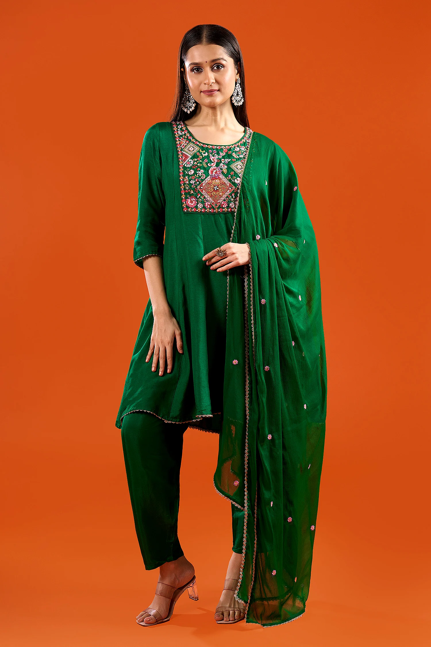 Green Silk, Shantoon, Chiffon Embroidery, Beads, Lace Round Neck Anarkali Set