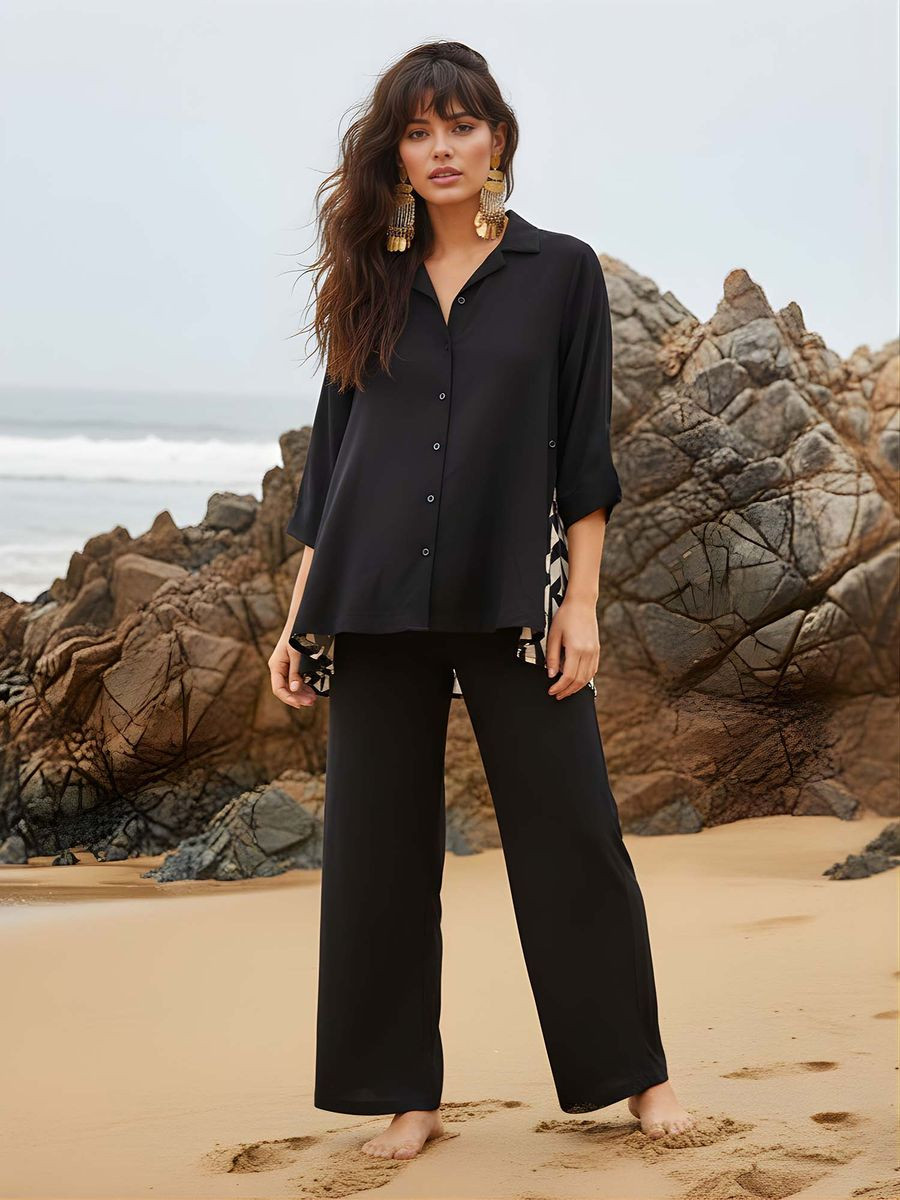 Women Black Viscose Rayon Collar Neck Co-Ord Set