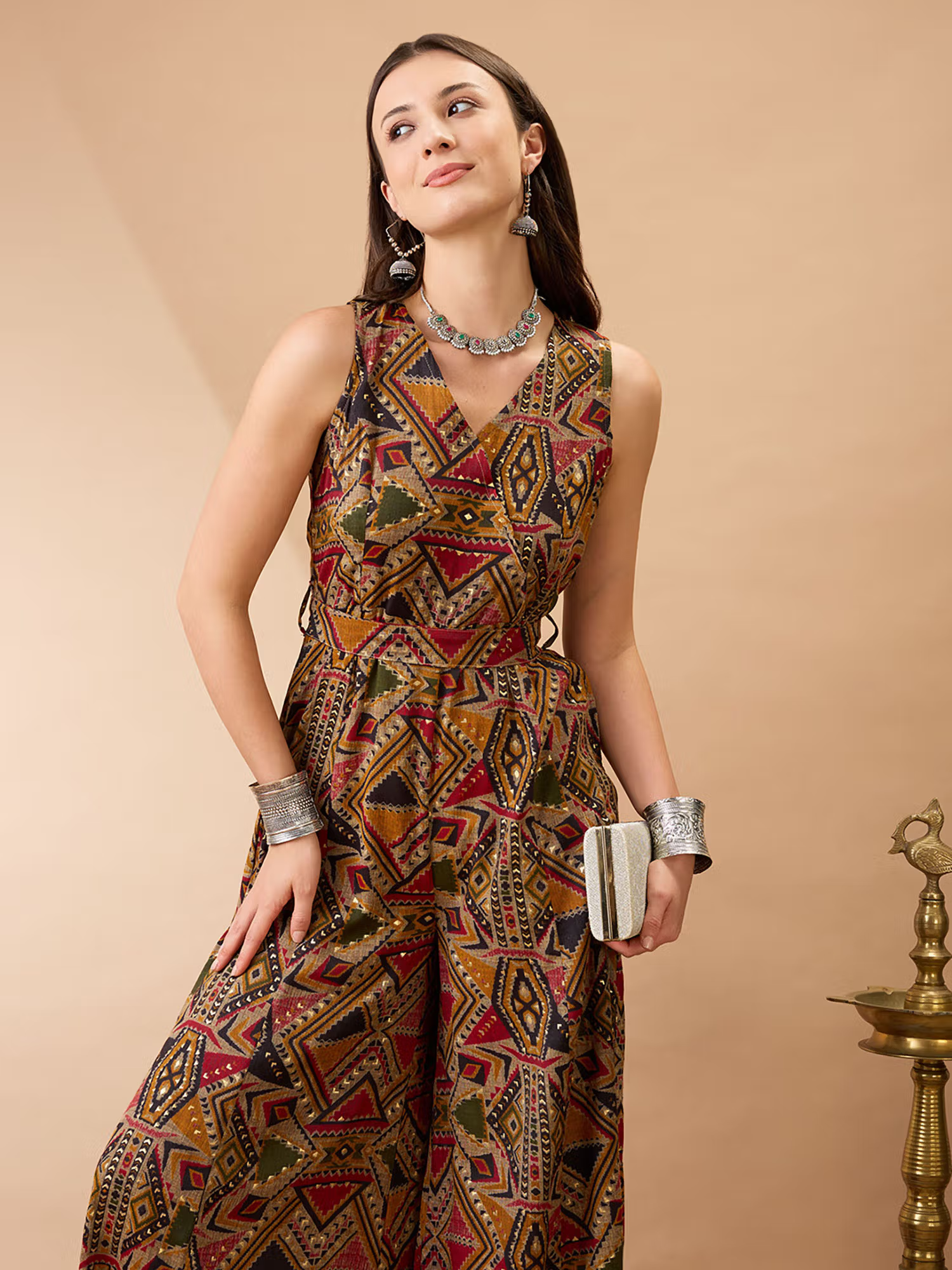 Mustard V-Neck Sleeveless Flared Leg Fusion Jumpsuit with Belt (Set of 2)