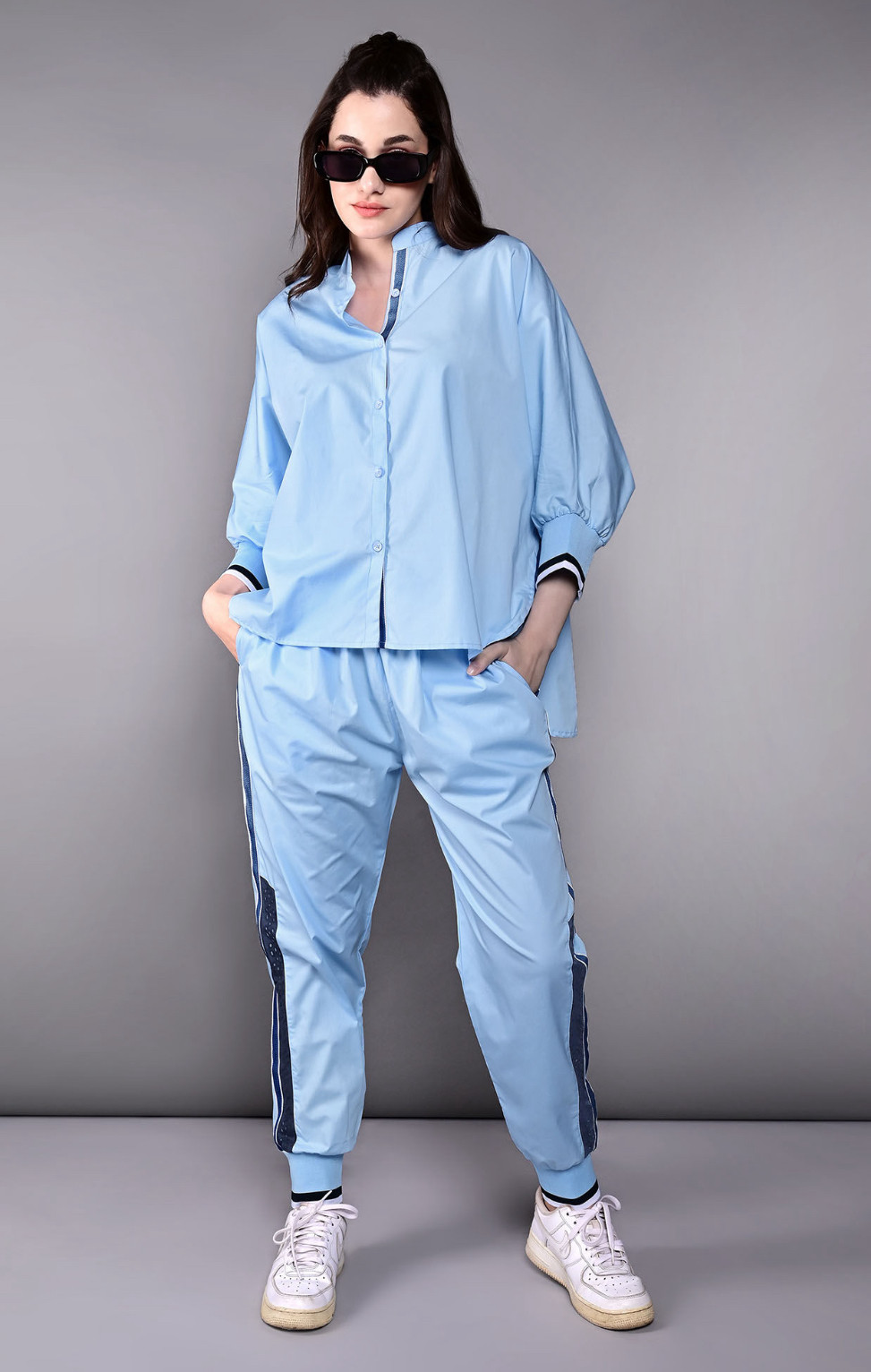 Blue Solid Accented Tracksuit (Set of 2)