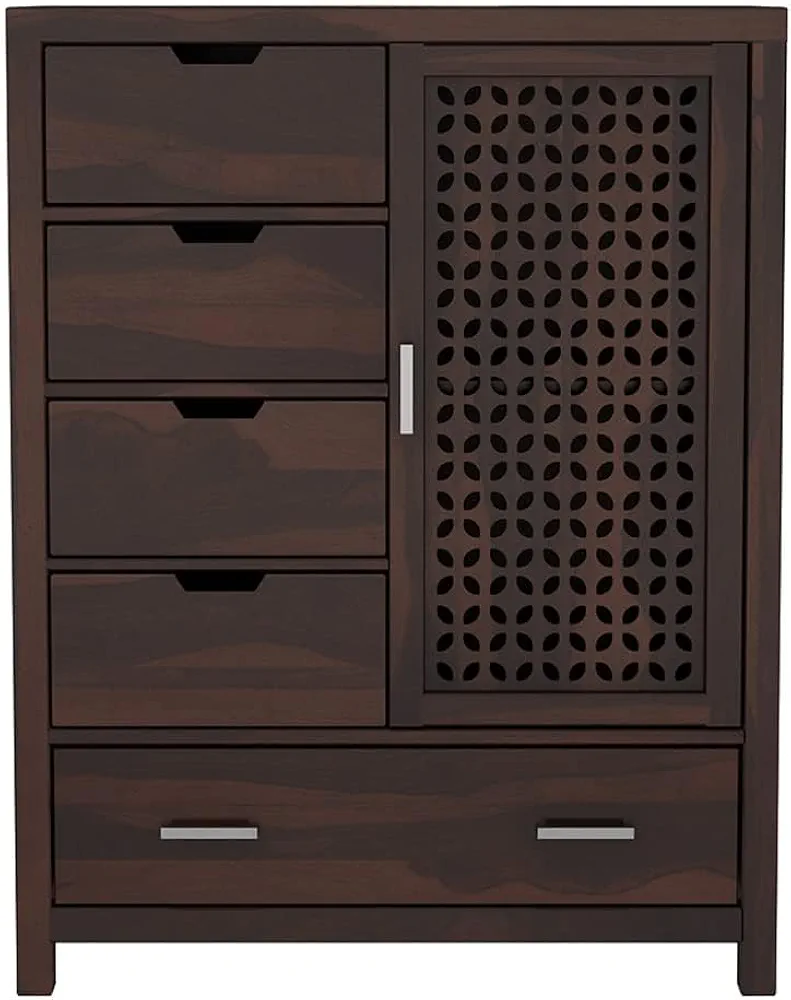 Solid Sheesham Wood 5 Drawer Chest of Drawers with 2 Shelf Storage and Spacious Dresser for Hall Home Office Furniture, Wooden Kitchen Cabinet, (Klias, Walnut Finish)