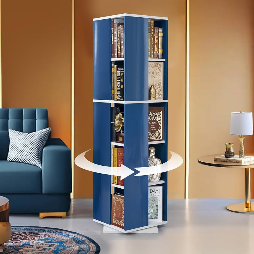 Rotating Book Shelf for Home Library - 5 Tier 360° Book Rack | Semi UV Gloss Laminate DIY Engineered Wood Book Stand with Partition & Bottom Turnplate (Blue & White L 38 x B 38 x H 150 cm)