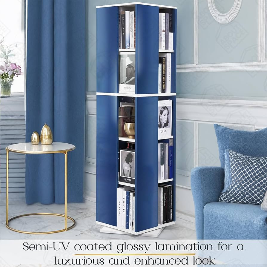 Rotating Book Shelf for Home Library - 5 Tier 360° Book Rack | Semi UV Gloss Laminate DIY Engineered Wood Book Stand with Partition & Bottom Turnplate (Blue & White L 38 x B 38 x H 150 cm)