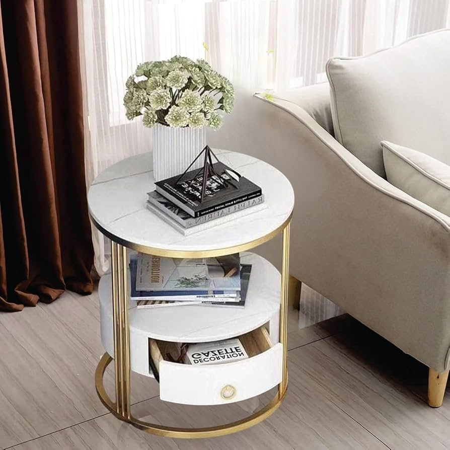 Style Round End Table with Storage, Drawer 2-Tier Shelf Nightstand Gold Metal Frame Marble Look Sofa Side Coffee Table for Living Room Bedroom Balcony Patio (Gold & White)