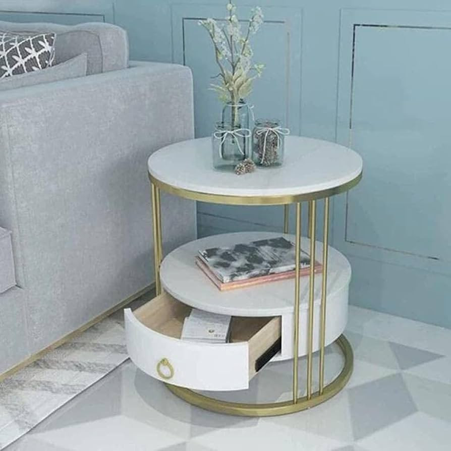Style Round End Table with Storage, Drawer 2-Tier Shelf Nightstand Gold Metal Frame Marble Look Sofa Side Coffee Table for Living Room Bedroom Balcony Patio (Gold & White)