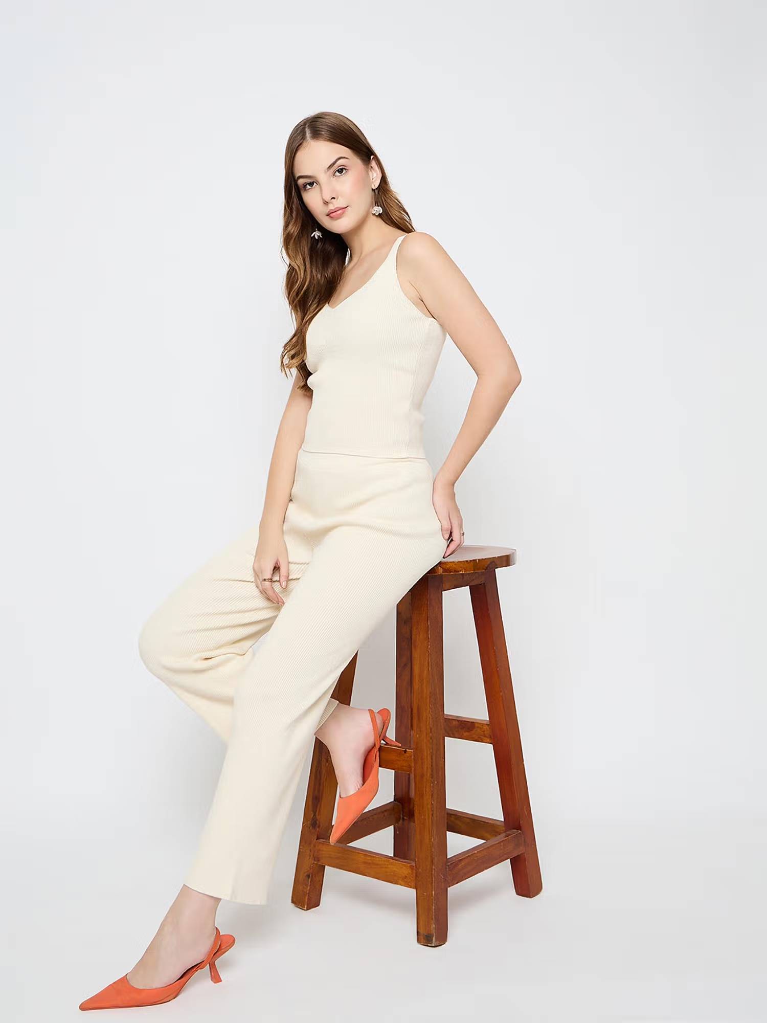 Sleeveless Beige Cotton Co-Ord Set