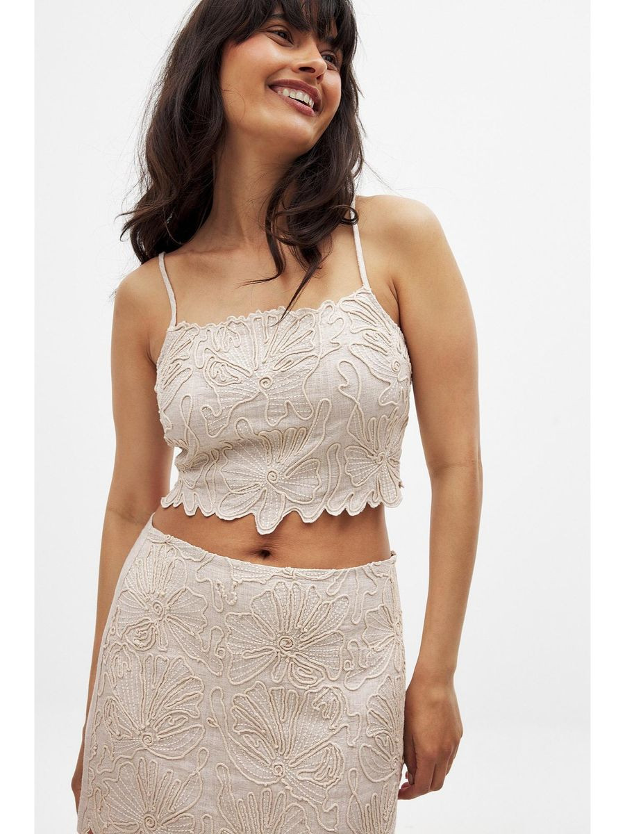 Linen Blend Anglaise Crop Top - Beige