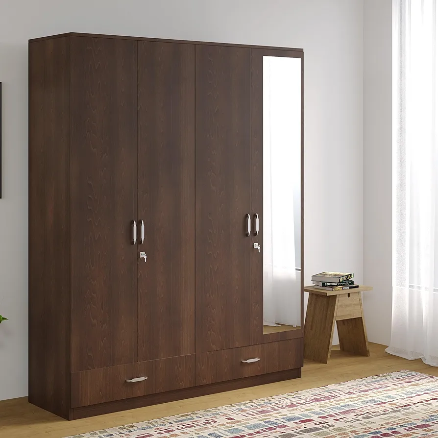 4 Door Wooden Wardrobe with Mirror for Bedroom | Almirah with 2 Hanging Rods, 8 Shelves, 3 Drawers & a Locker | Clothes Cupboard | Engineered Wood |