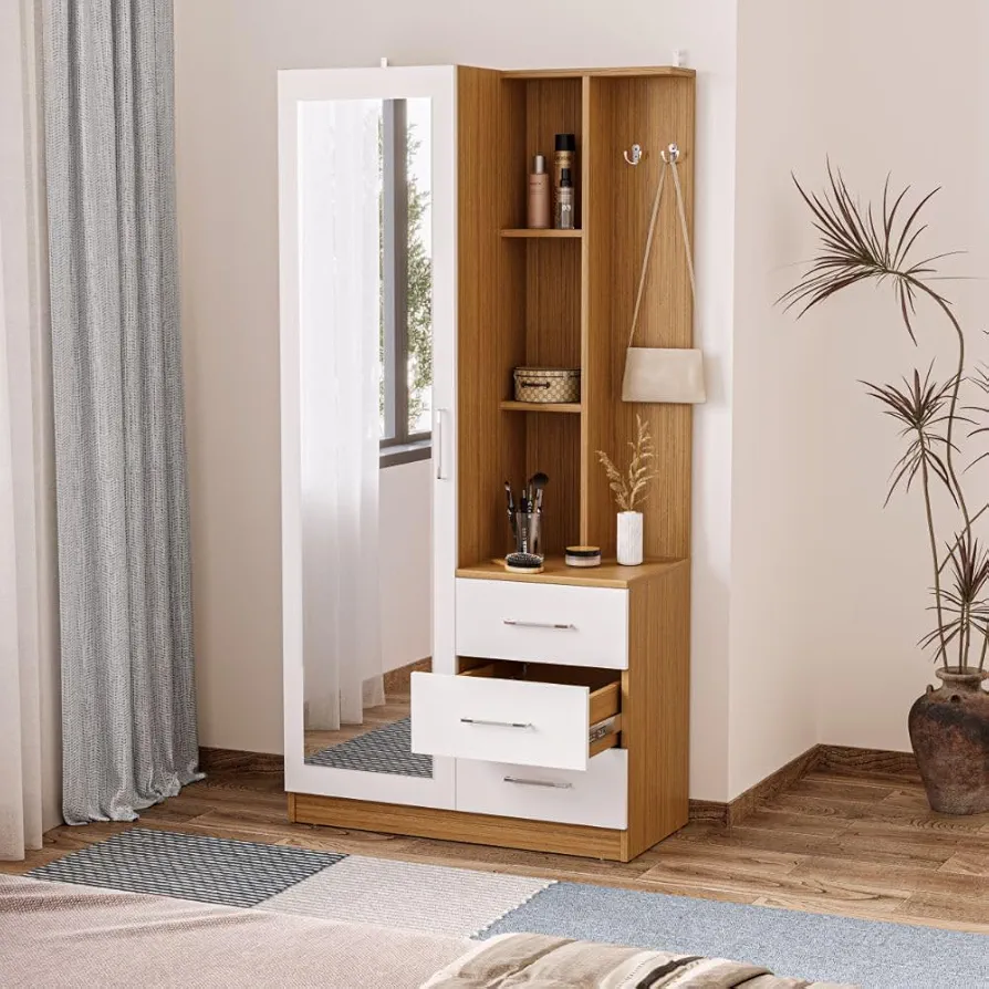 Dressing Table with Storage and Mirror | 1 Year Warranty | Wardrobe with Dressing Table (Engineered Wood - Urban Teak & Frosty White, Mako)