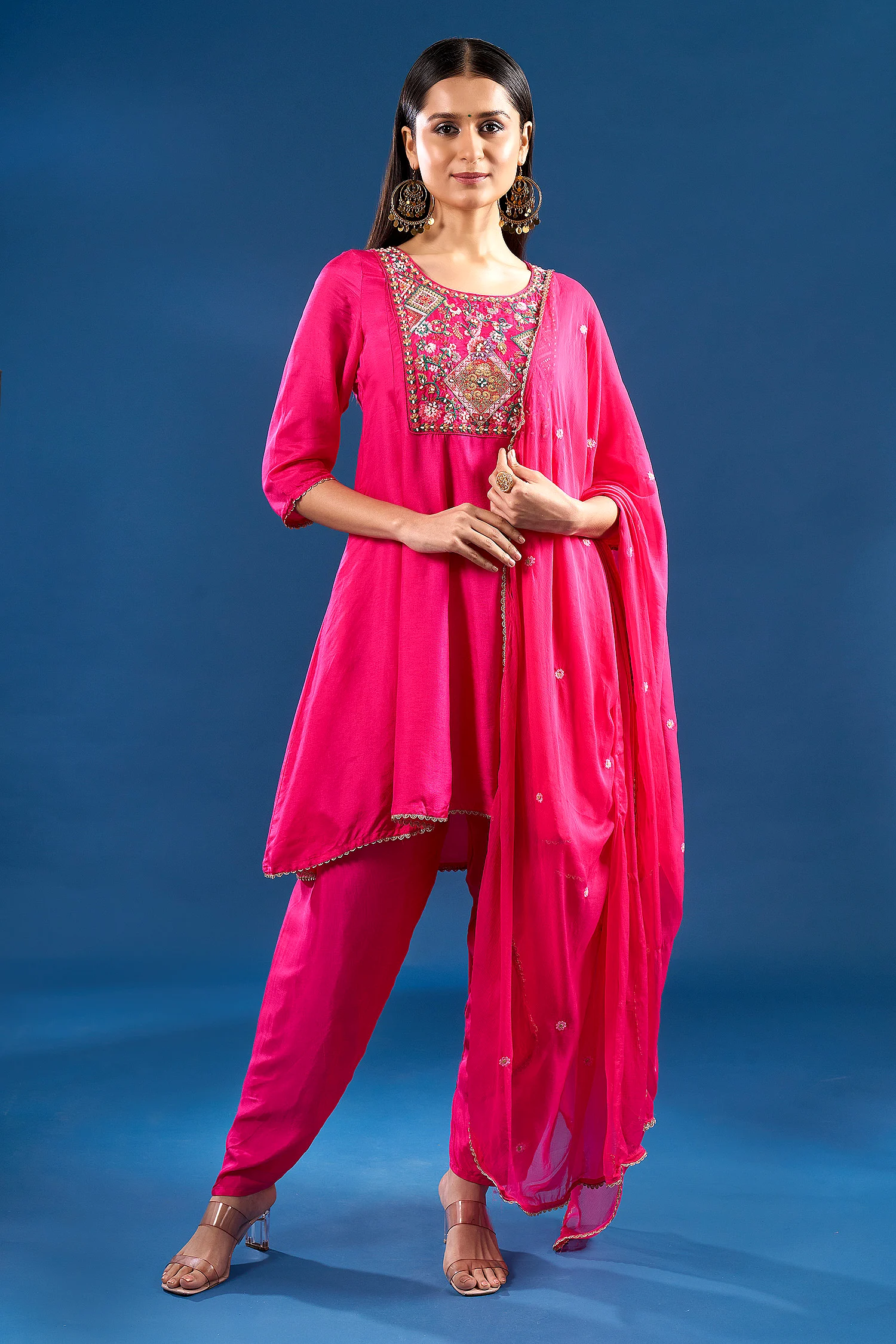 Fuchsia Silk, Shantoon, Chiffon Embroidery, Beads, Lace Thread Anarkali Set