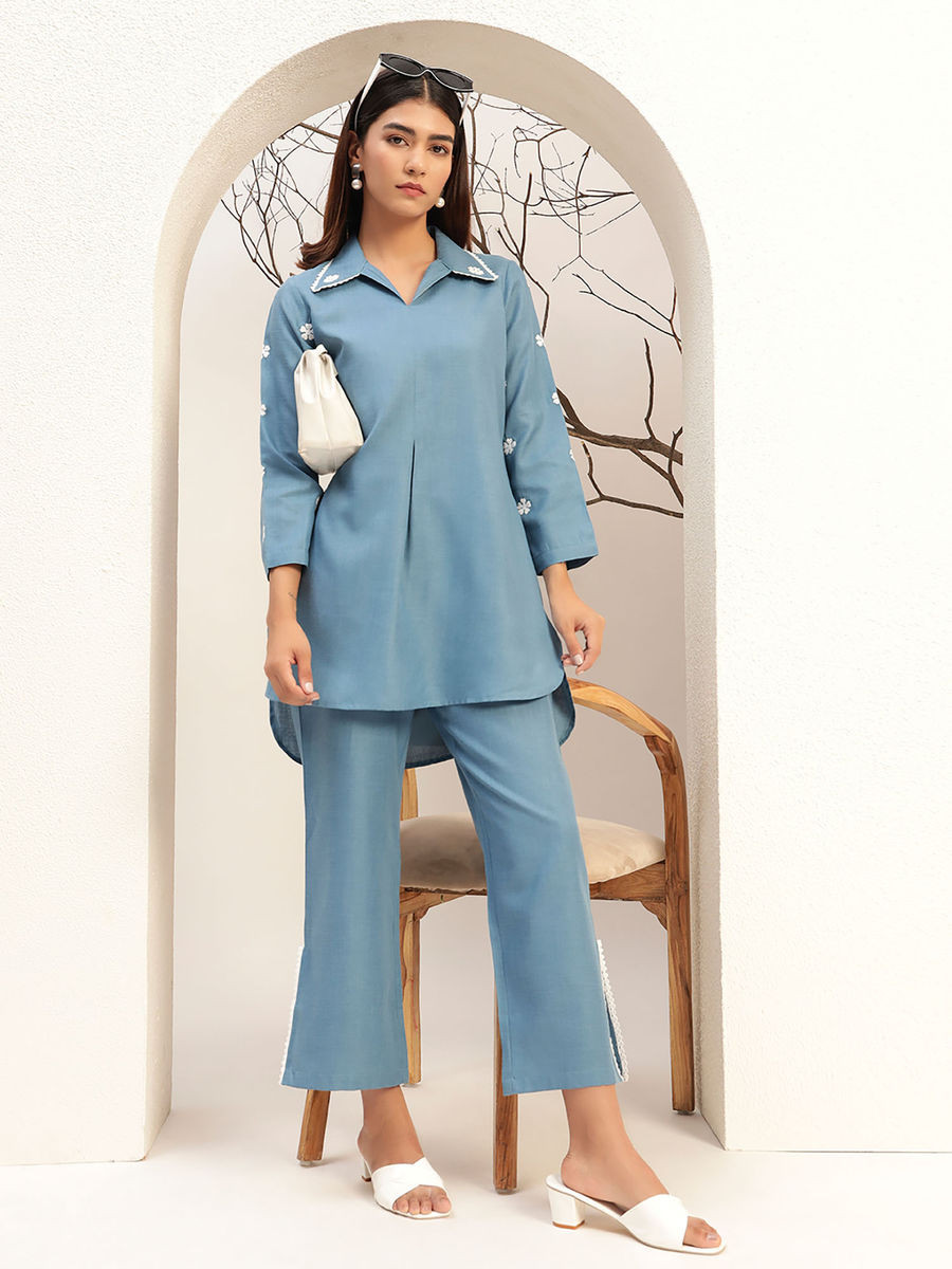 Blue Color with Collar Neck Caual Tunic with Trouser Co-Ord Set Of 2