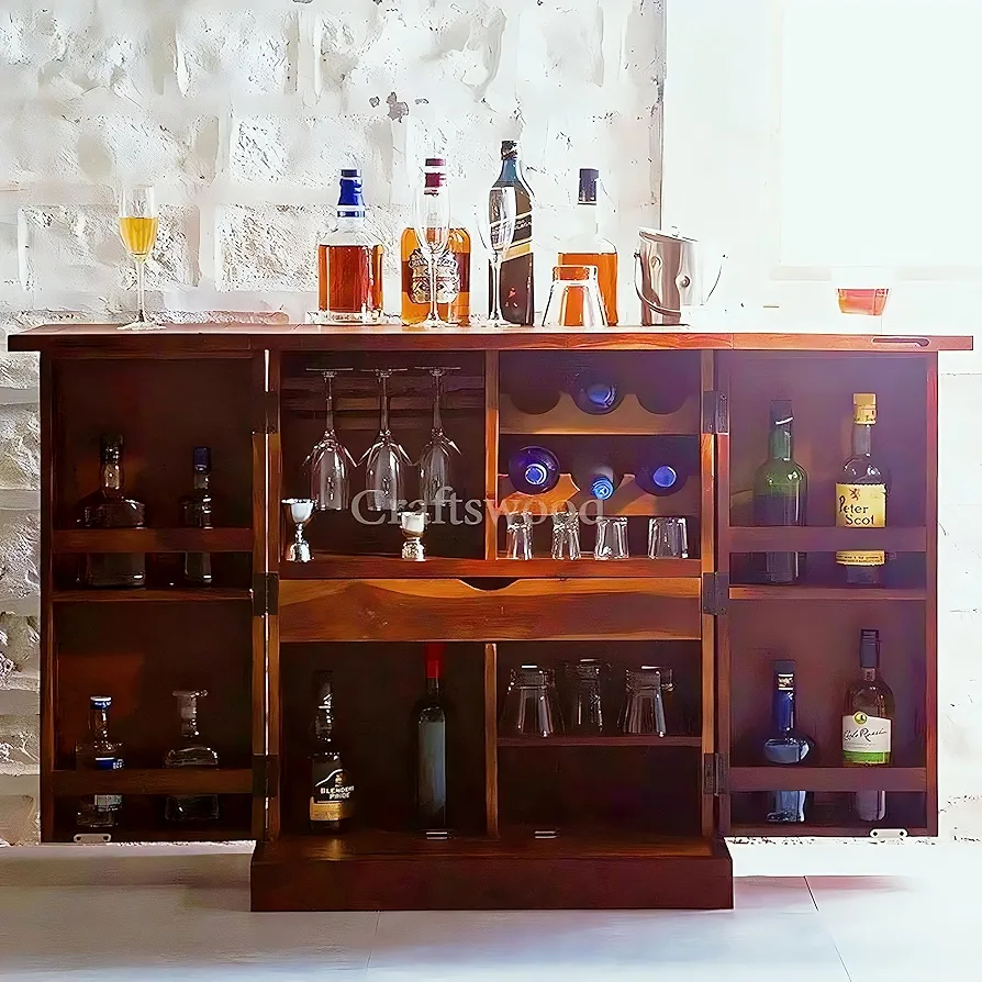 Solid Sheesham Wood Bar Cabinet for Home – Pre-Assembled Wooden Wine & Whiskey Rack with Storage Drawers – Honey Finish Diamond Pattern – Living Room Bar Unit for Hard & Soft Drinks