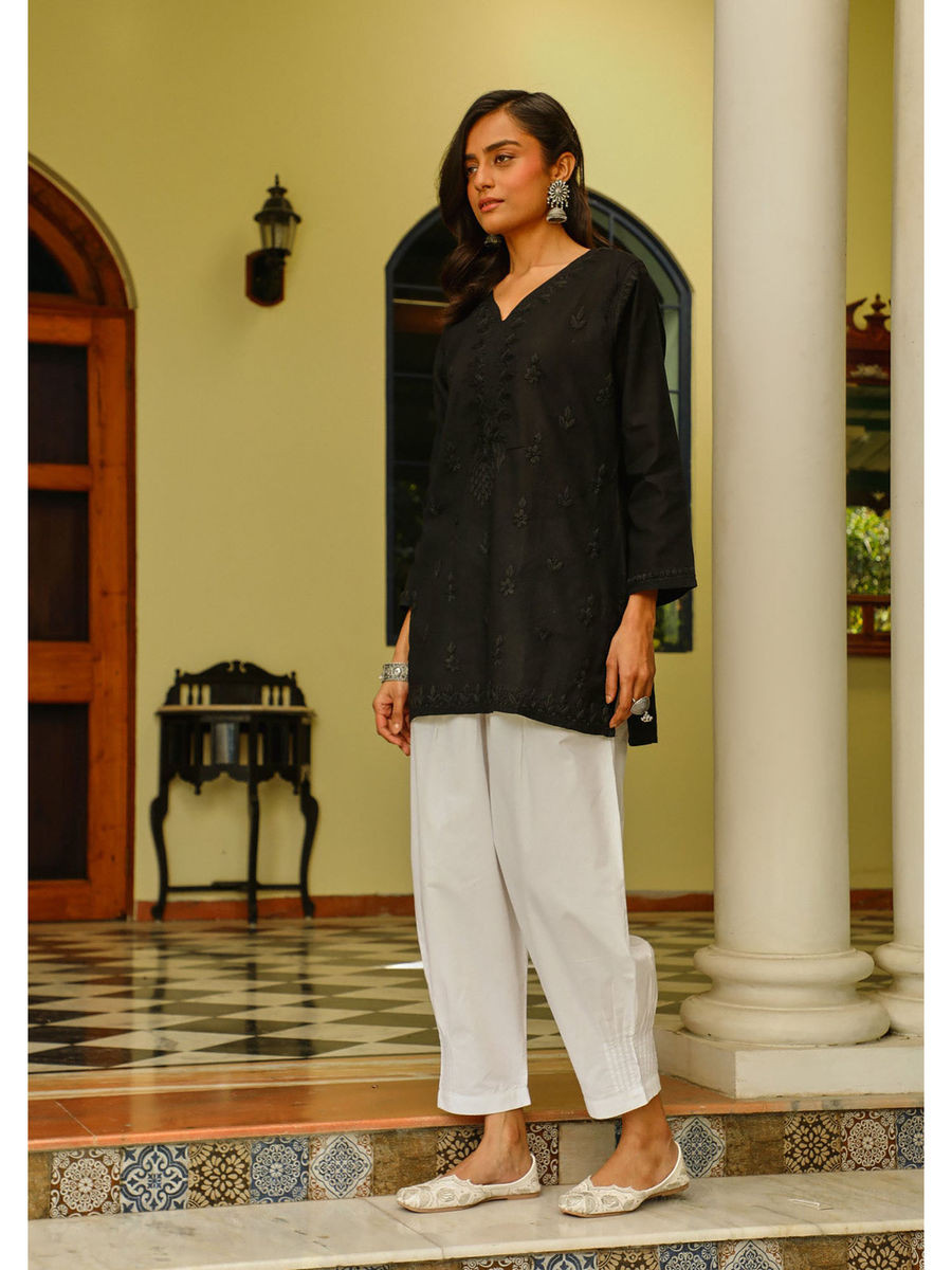 Cotton Chikankari Womens Short Kurti - Black