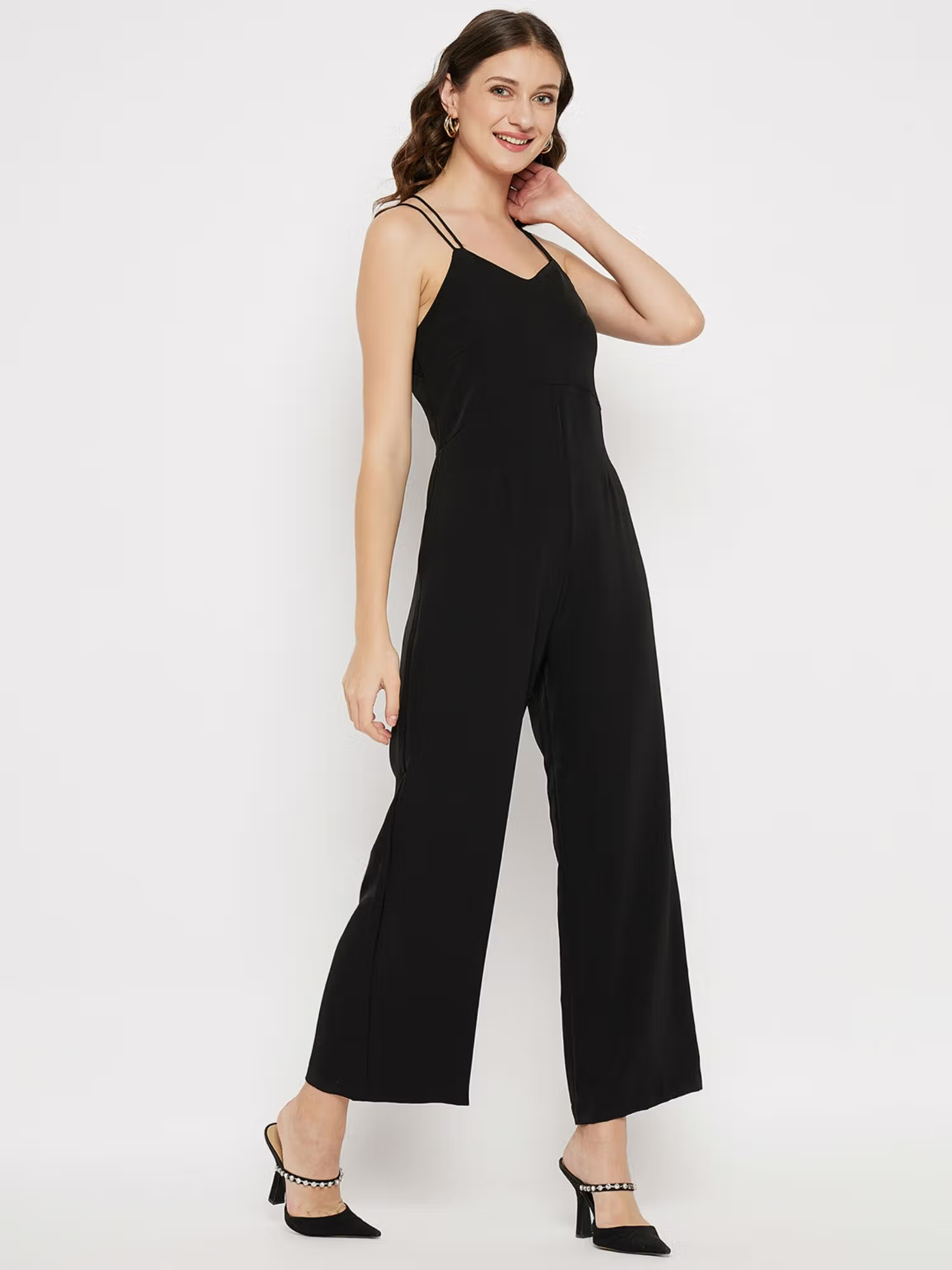 Black Solid Shoulder Strap Jumpsuits