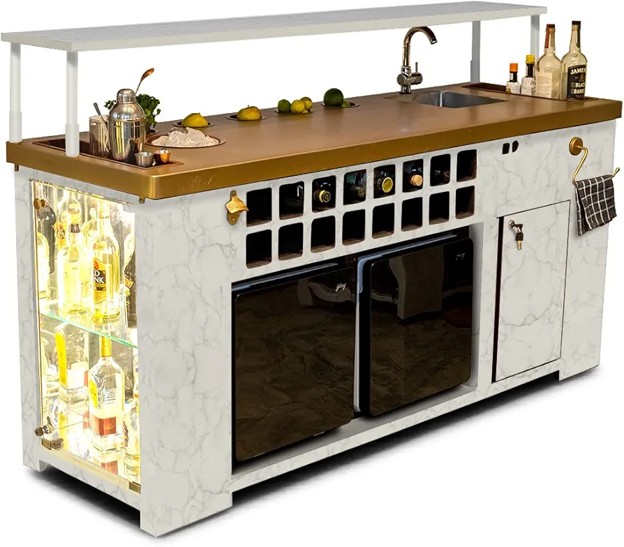 Double Model X Home Bar Cabinet with Built in 2 Units of 30L Fridge and Modular Sink with Tap (White)