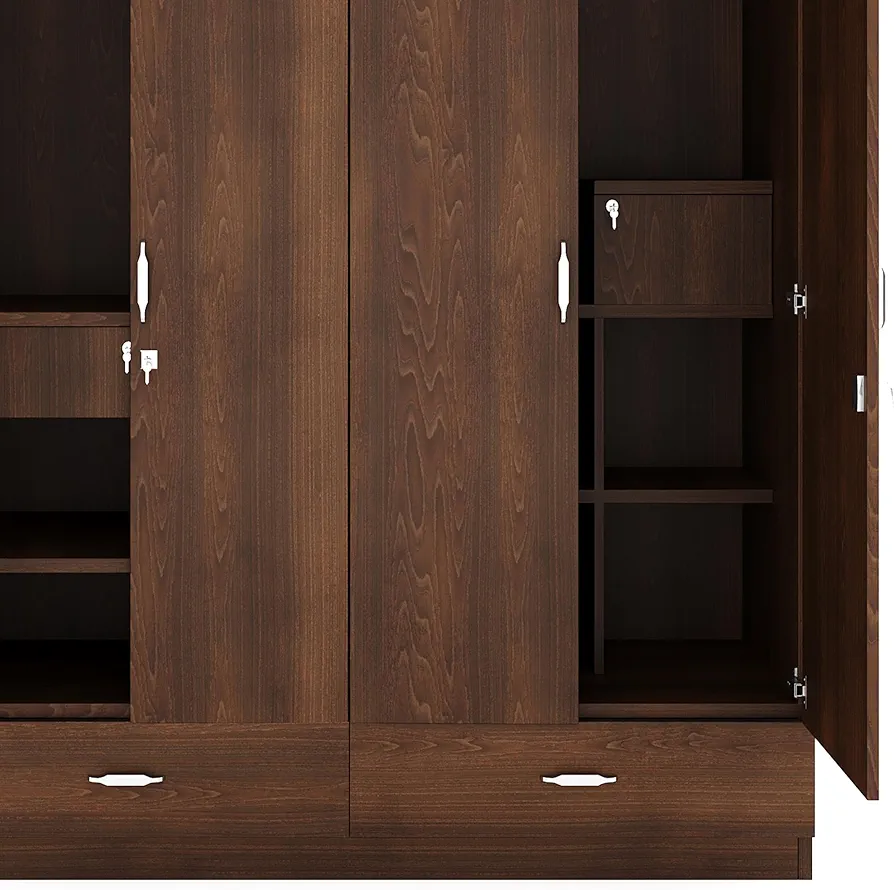 4 Door Wooden Wardrobe with Mirror for Bedroom | Almirah with 2 Hanging Rods, 8 Shelves, 3 Drawers & a Locker | Clothes Cupboard | Engineered Wood |