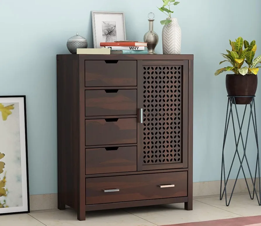 Solid Sheesham Wood 5 Drawer Chest of Drawers with 2 Shelf Storage and Spacious Dresser for Hall Home Office Furniture, Wooden Kitchen Cabinet, (Klias, Walnut Finish)