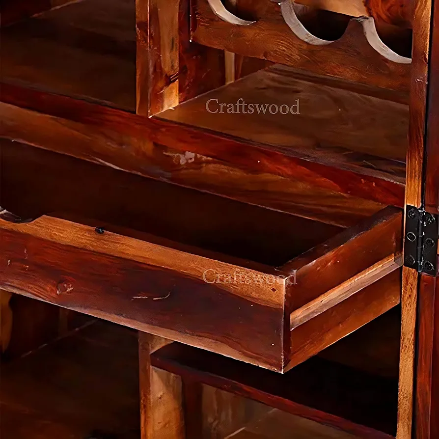 Solid Sheesham Wood Bar Cabinet for Home – Pre-Assembled Wooden Wine & Whiskey Rack with Storage Drawers – Honey Finish Diamond Pattern – Living Room Bar Unit for Hard & Soft Drinks