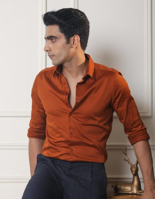 Men Copper Slim Fit Solid Spread Collar Cotton Satin Evening Shirt