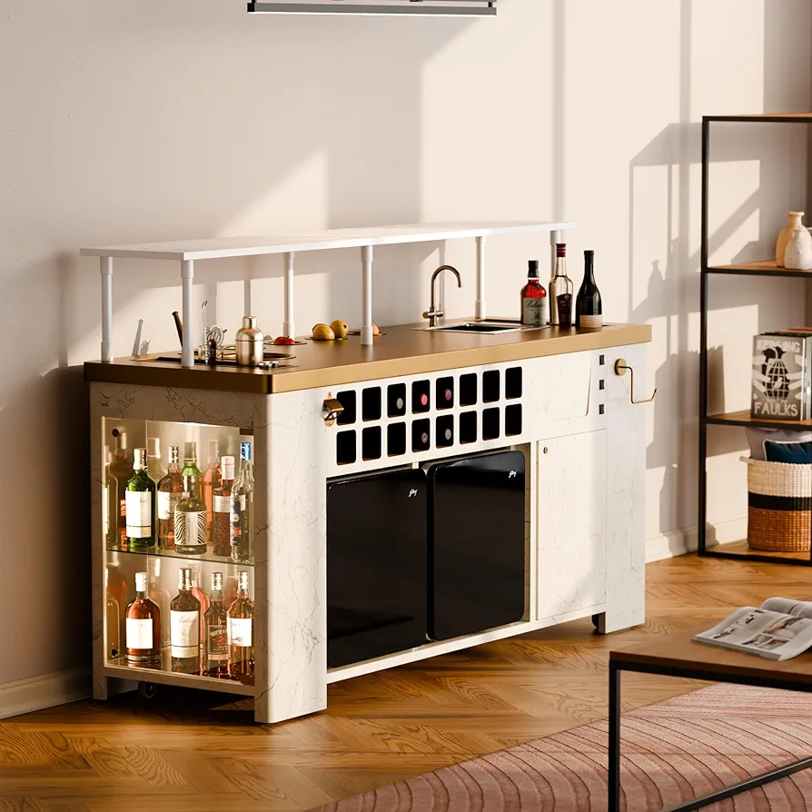 Double Model X Home Bar Cabinet with Built in 2 Units of 30L Fridge and Modular Sink with Tap (White)